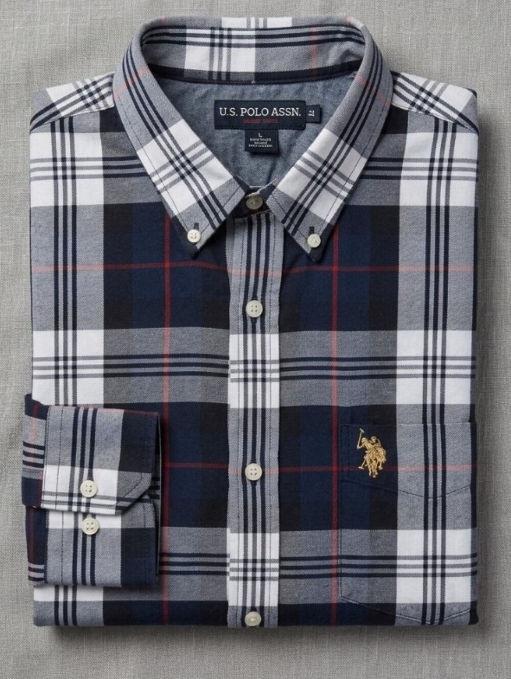 US Polo Association Plaid Oxford Button Up Classic Blue White Red 2XL